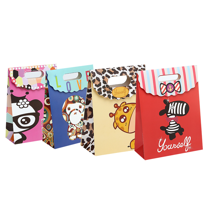 Cartoon gift paper bag with diecut handle and clolurful handle
